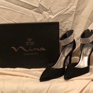 Nina black glitter heels with rhinestone strap
